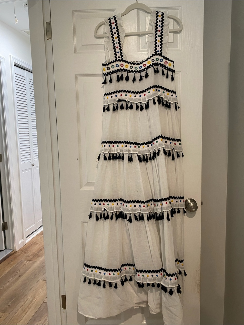 Dodo Bar Or White Maxi Dress with Black Tassel Trim and Multicolor Dots